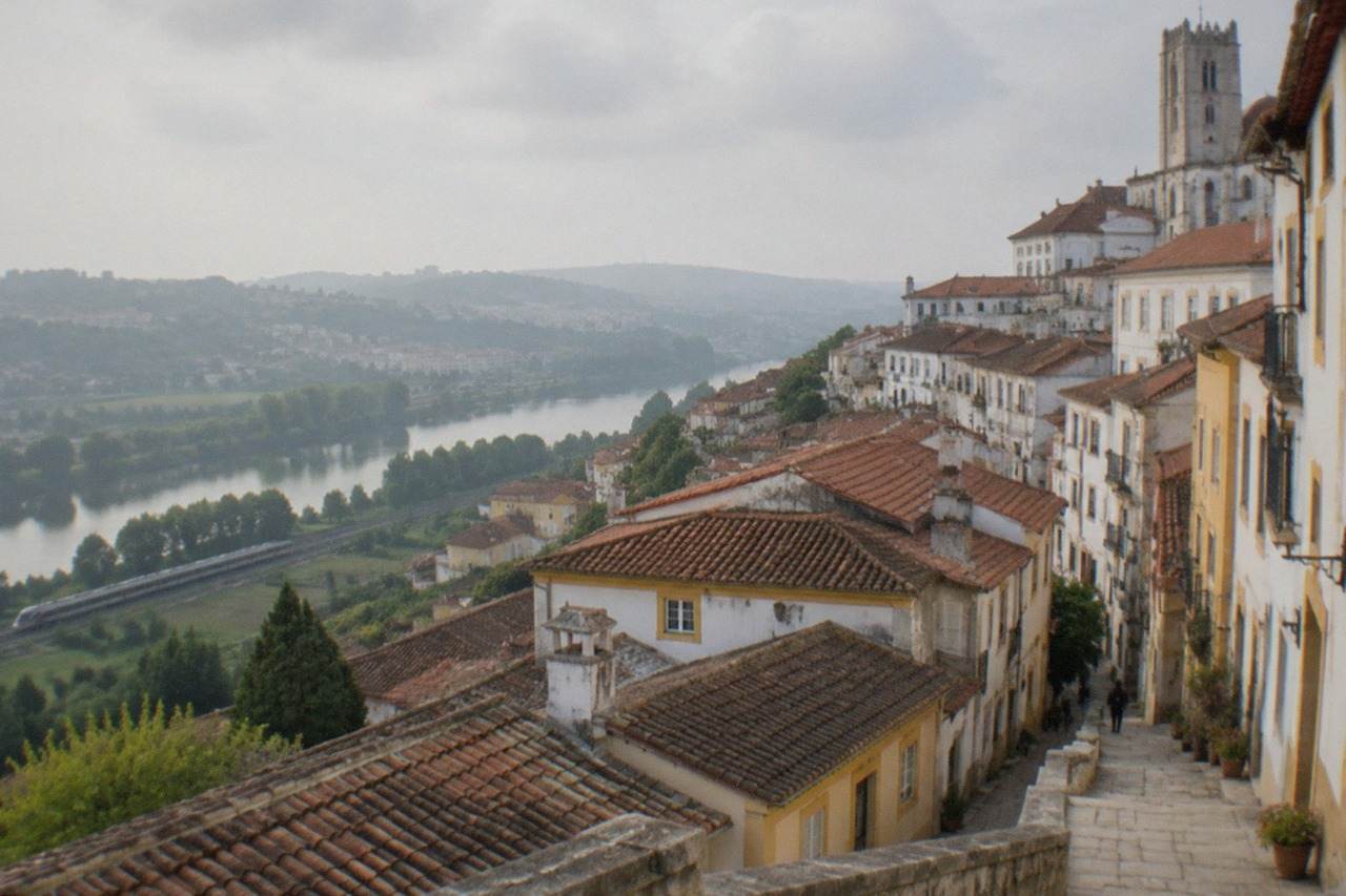Train travelling through green countryside in central Portugal on the route between Porto and Coimbra
