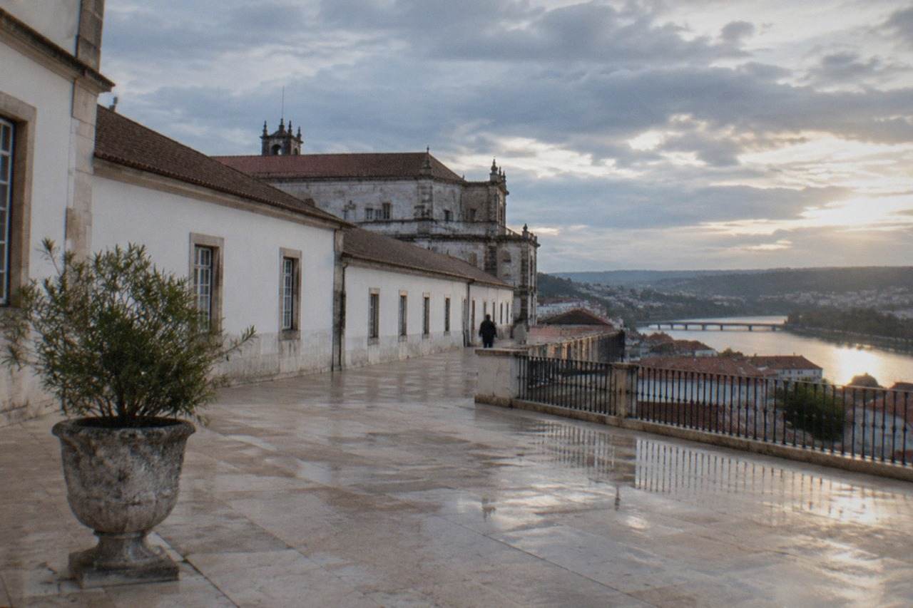 The University of Coimbra buildings and courtyard seen from the upper town above the River Mondego