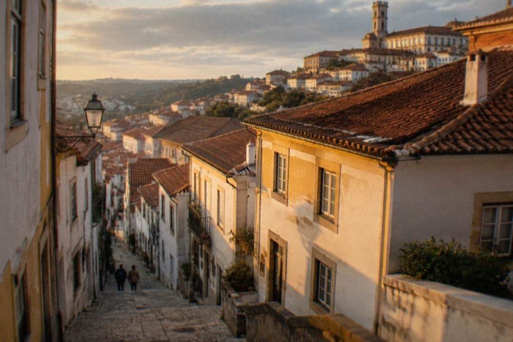 Narrow cobbled street in central Coimbra with old buildings in the evening light