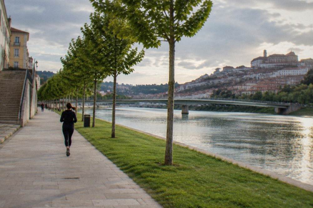 The wide stone steps of a Coimbra street climbing between pale buildings, with the Mondego river visible in the distance.