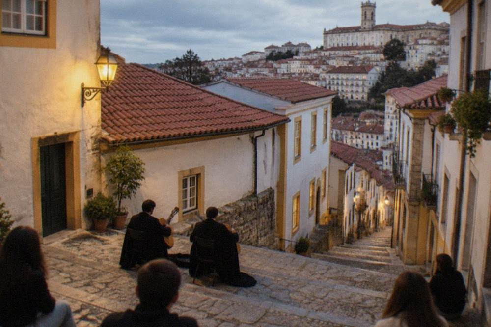 Two guitarists in dark academic capes play for a small quiet audience on a stone street at night in Coimbra