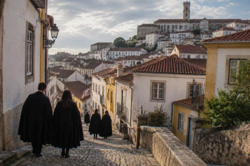 Students in dark capes walking down a steep cobbled street in a Portuguese university city