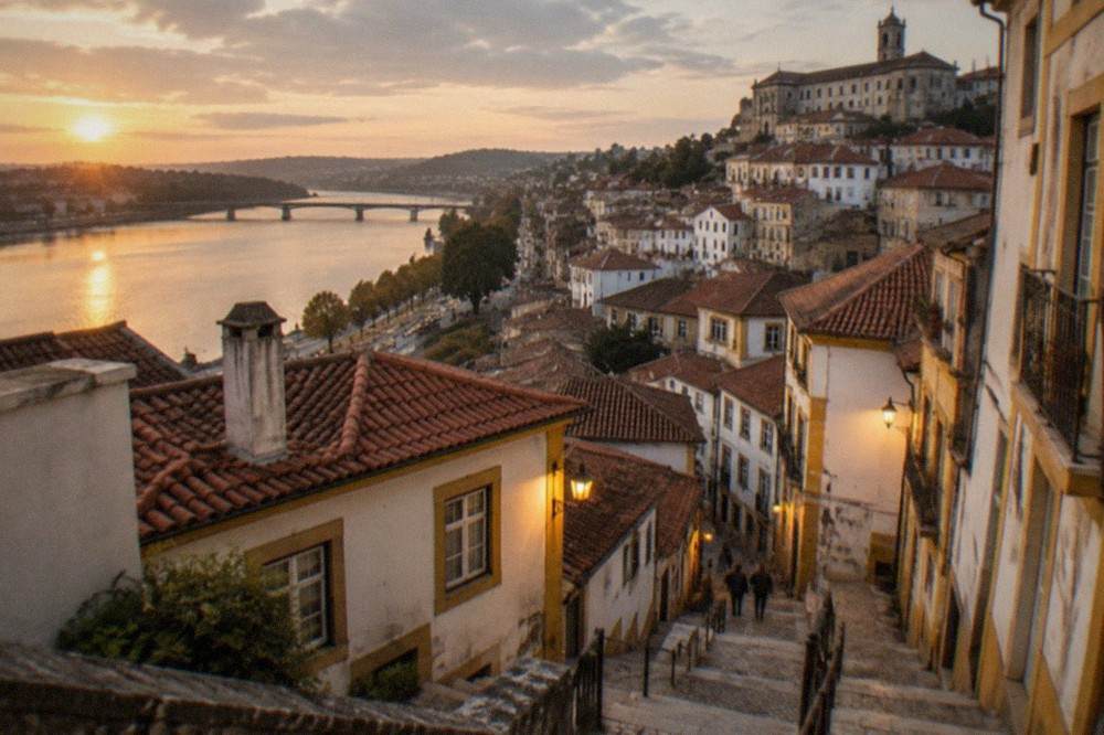A lit lane in the old town of Coimbra in the evening with the river below