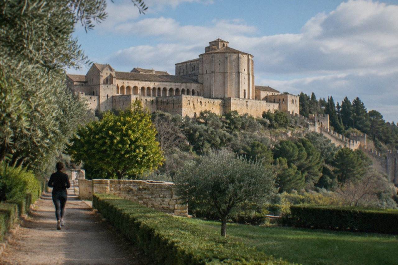 The round Templar church and convent walls of the Convent of Christ seen from a garden in Tomar