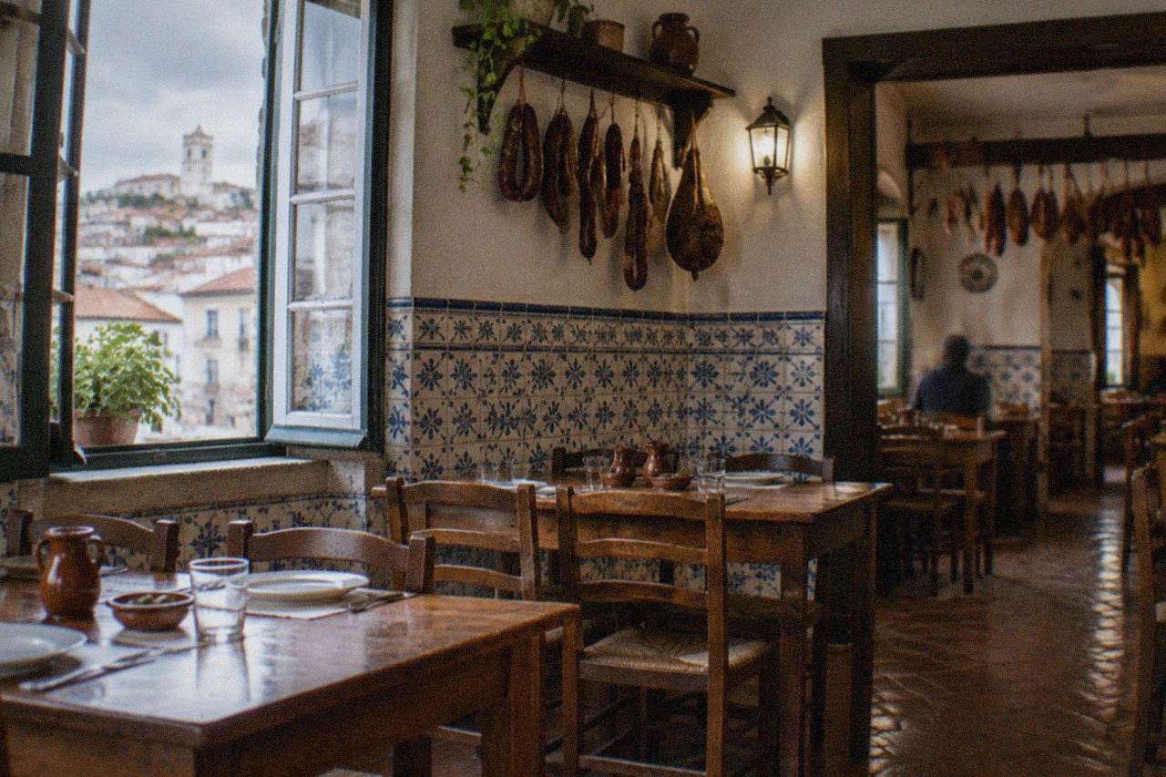 A traditional Coimbra dining room with wooden tables, tiled walls and hanging cured sausages