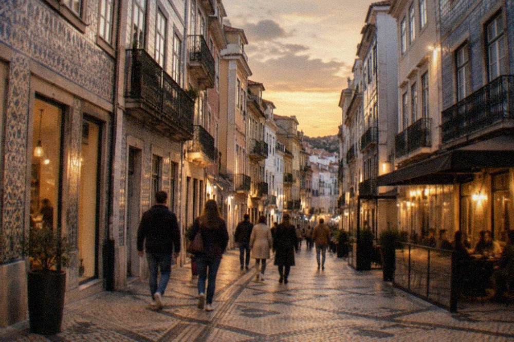 An evening street in Coimbra's Baixa with lit restaurant windows and people walking between tiled facades