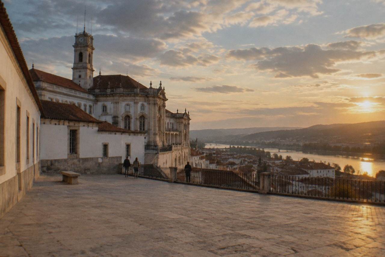 The University of Coimbra's Paço das Escolas seen from the old town rooftops with the River Mondego beyond
