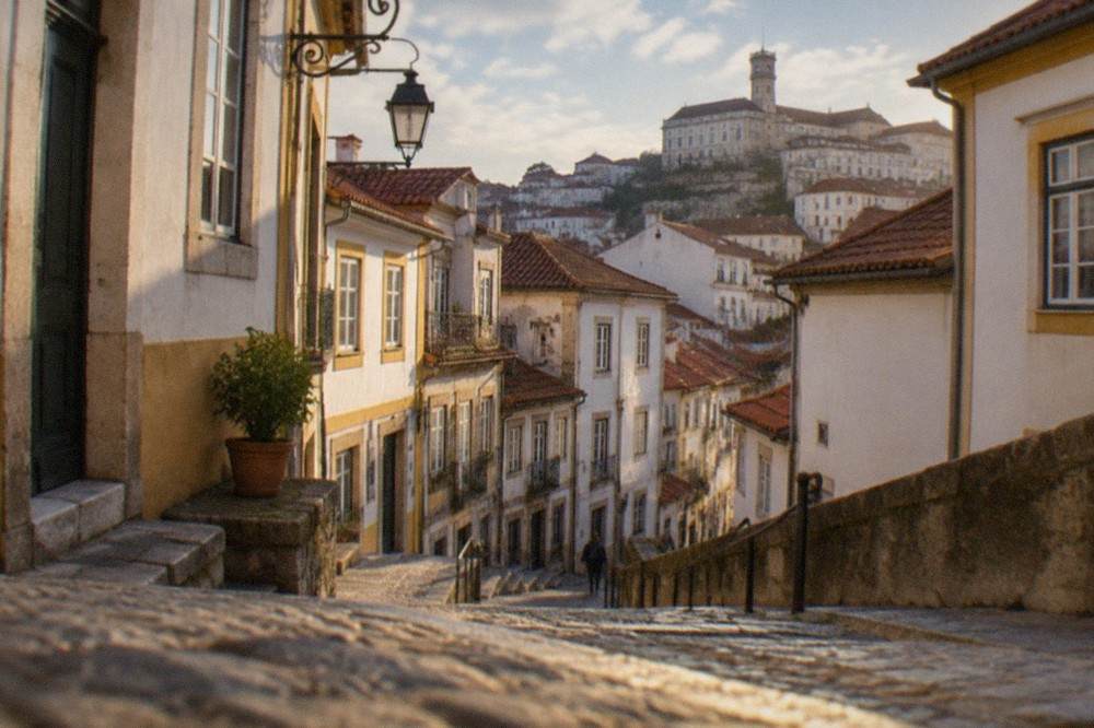 A quiet stone street in Coimbra's old town in warm late-season light