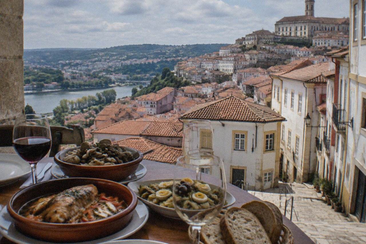 A table of Portuguese dishes with wine glasses in a Coimbra restaurant