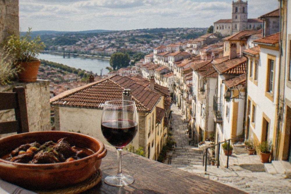 A clay pot of dark wine-braised goat stew on a rustic table beside a glass of red wine