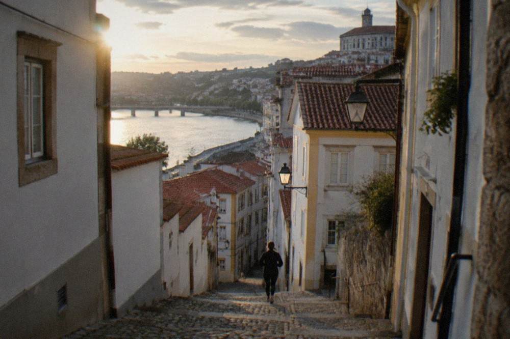 A steep cobbled lane in Coimbra's old town with whitewashed walls and a view toward the river