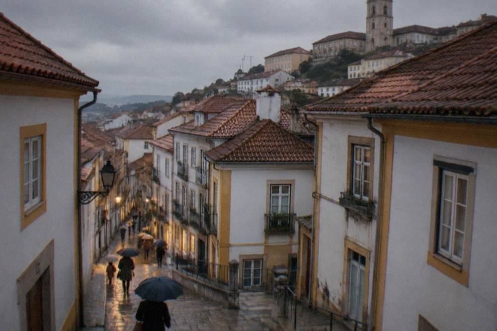 Umbrellas crossing a narrow historic street in Coimbra during light rain, wet stone paving reflecting shop lights