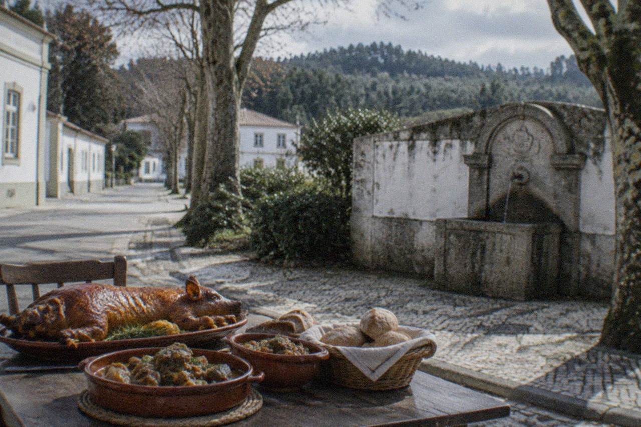 A rustic Portuguese table with roasted suckling pig, clay dishes of goat stew and a basket of fresh bread