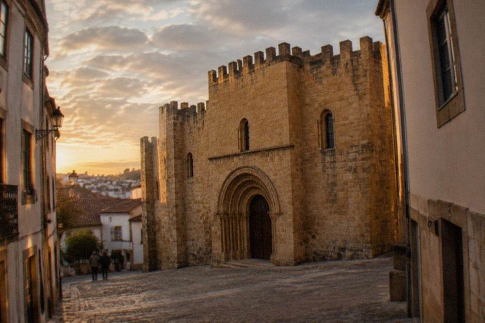 The old cathedral of Coimbra seen from the narrow streets of the upper town