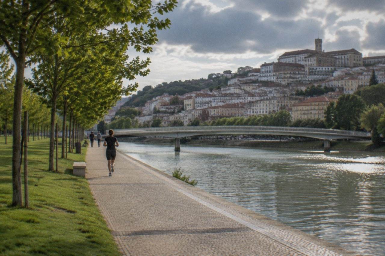The hillside old town of Coimbra in Portugal rising above the River Mondego, with the university buildings at the top