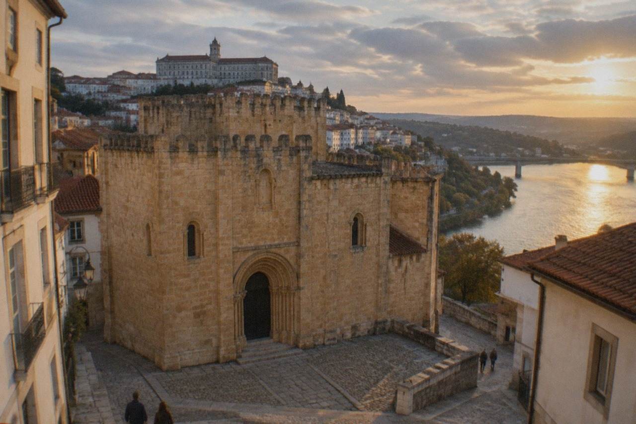 The old cathedral and university buildings of Coimbra rising above the River Mondego in Portugal