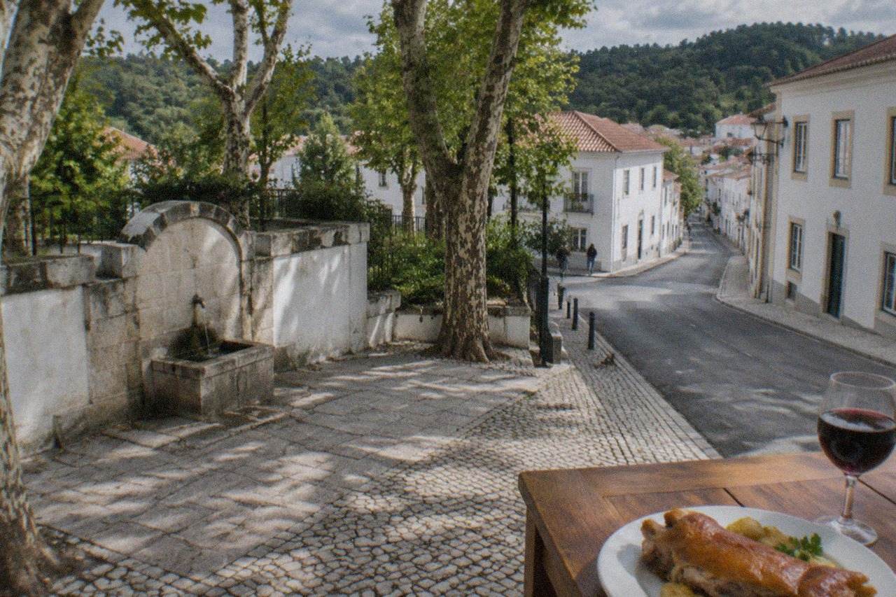A glass of red wine on a wooden table beside a plate of roasted suckling pig at a restaurant in Coimbra, Portugal