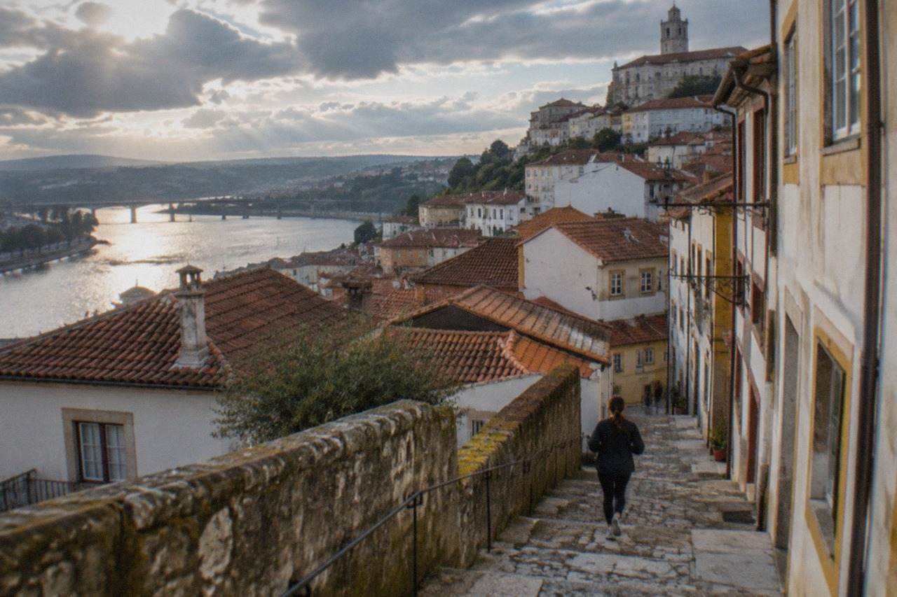 Coimbra's old town seen from the university hill, with terracotta rooftops descending toward the River Mondego