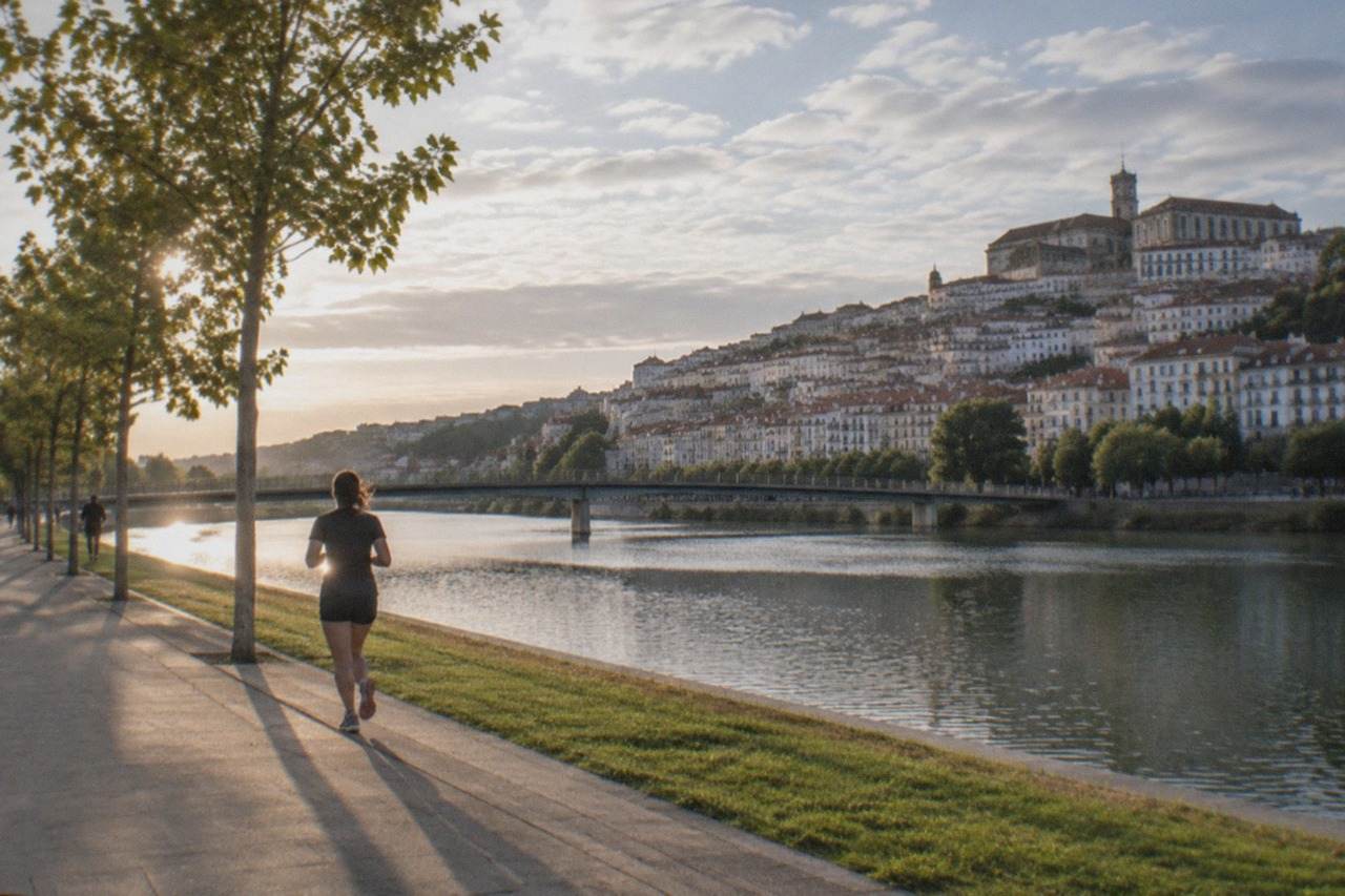 The old university buildings on the hill above Coimbra with the River Mondego below