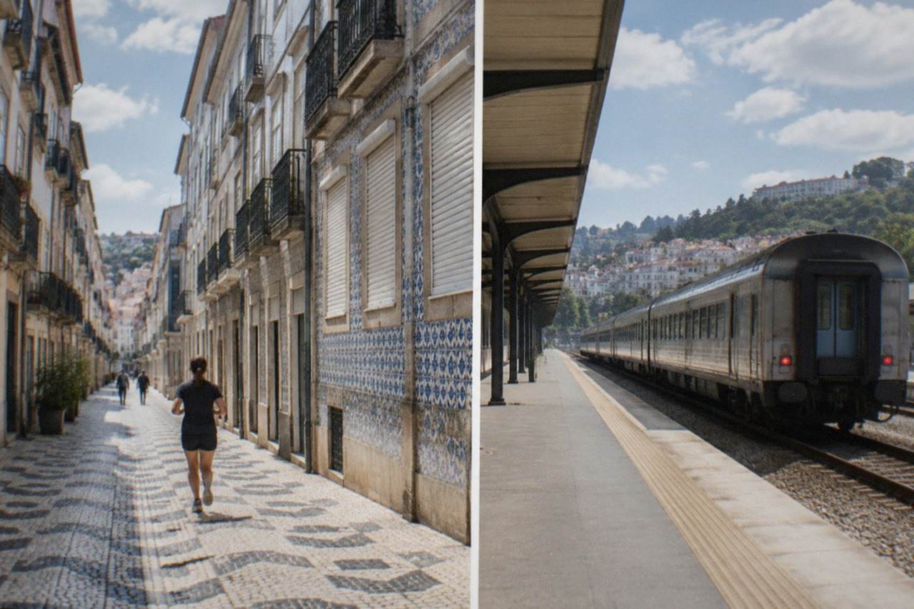 A passenger train pulling away from a station platform in central Portugal on a bright morning