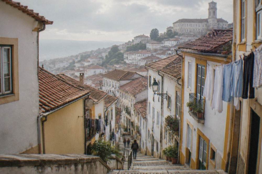 A narrow cobbled street in Coimbra's old town climbing toward the university hill, with laundry lines and worn stone steps