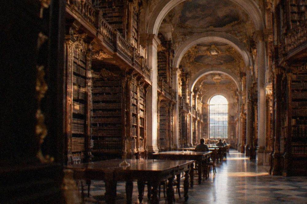 The baroque interior of the Joanina Library in Coimbra with tall gilded bookshelves