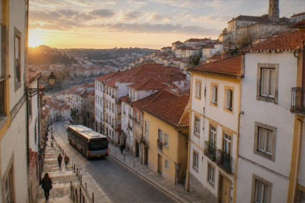 A city bus on a street in central Coimbra near the old town