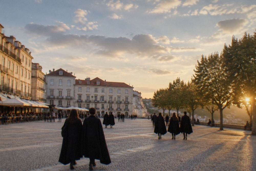 Students in black capes crossing the cobbled square in front of the university buildings