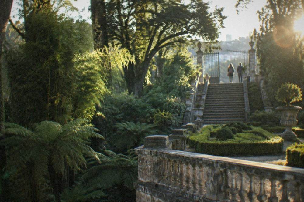 Stone staircase rising between terraced garden beds with mature trees overhead