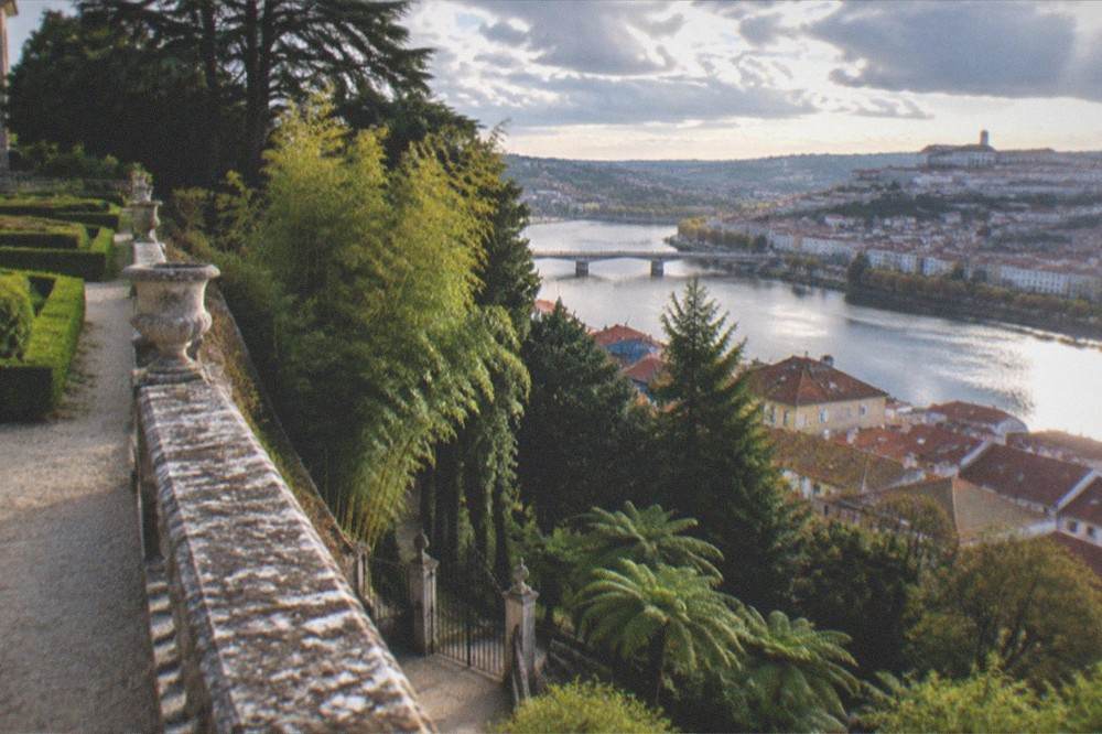 View from a garden terrace over red rooftops and a river flowing through a Portuguese city