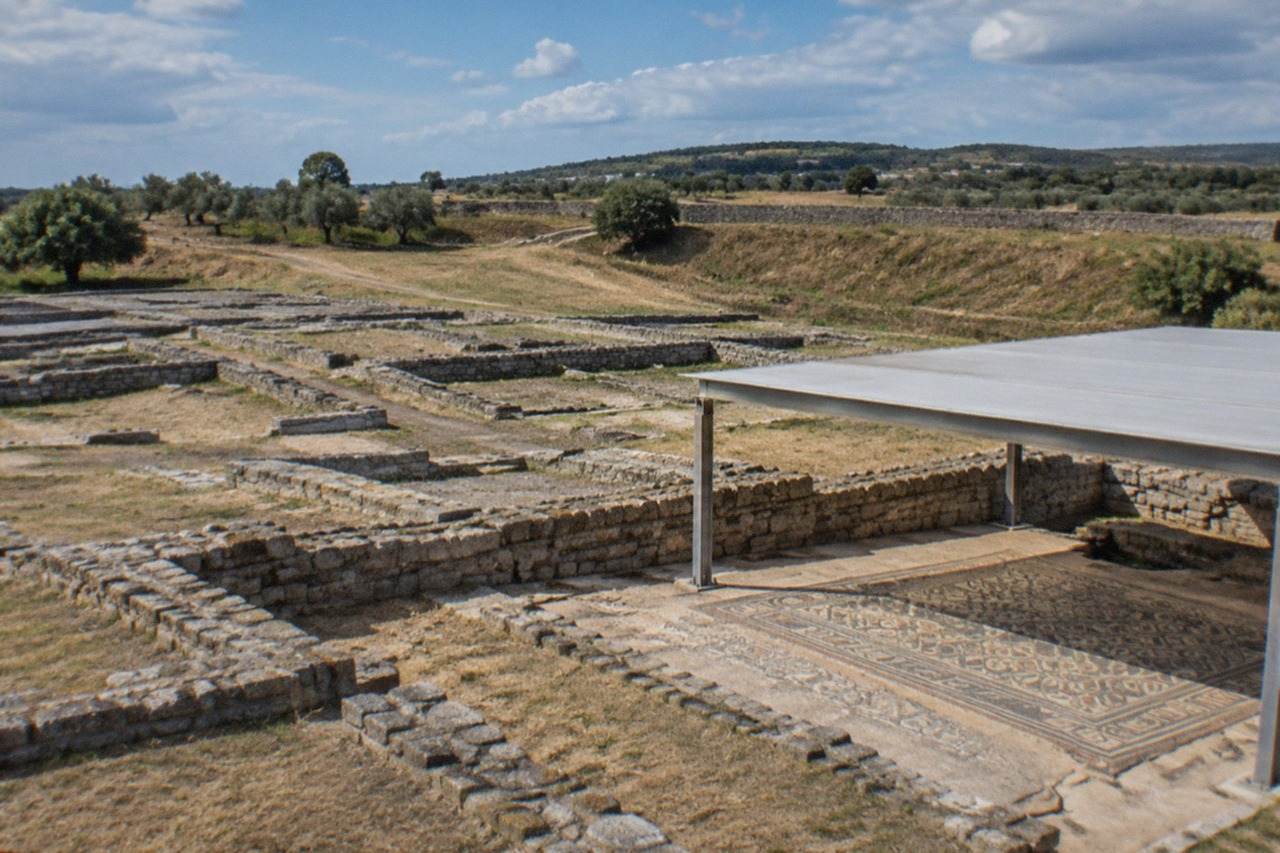 Stone foundations and low walls of a Roman archaeological site under a wide blue sky