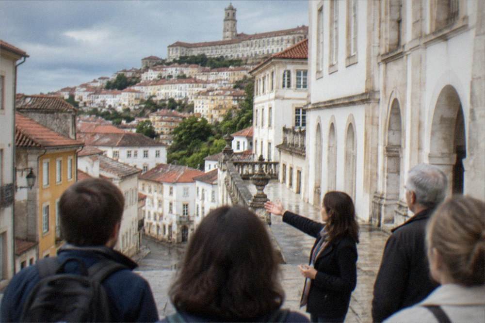 A guide speaking to a small group of visitors on the steps of the university buildings in Coimbra