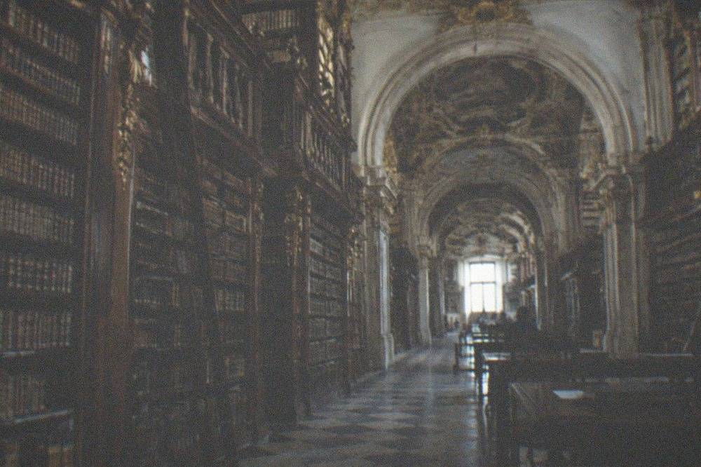 An ornate baroque library interior with tall wooden bookshelves and gilded details