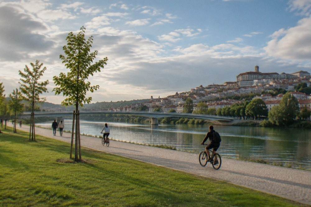 Paved riverside path with cyclists and walkers beside the River Mondego