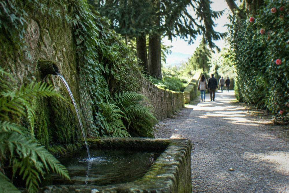 Guests walking a gravel path between high stone walls and greenery in a Portuguese estate garden