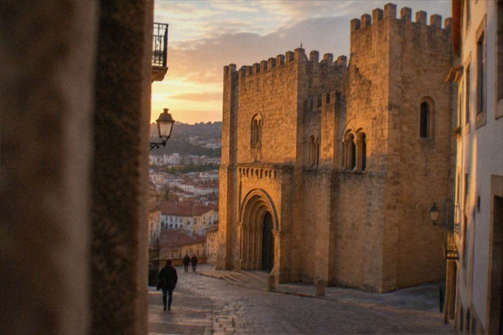 The old cathedral of Coimbra at dusk with warm light on its stone walls and the city below