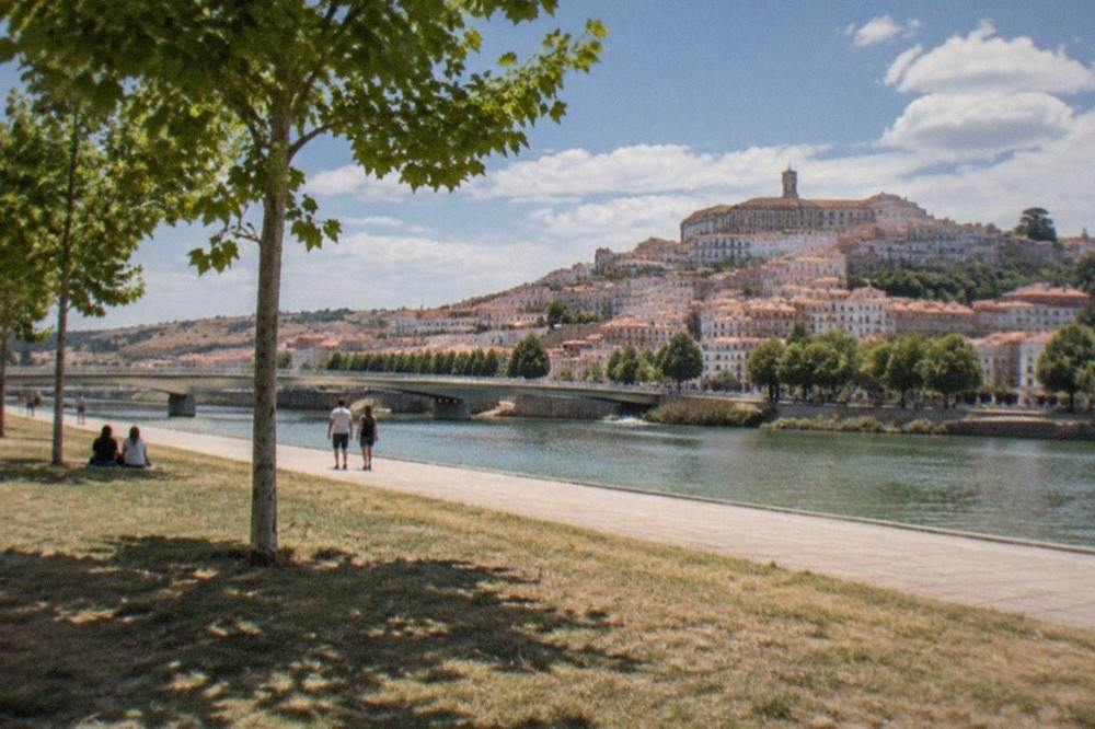 View over the old university hill of Coimbra with the River Mondego winding below under summer light