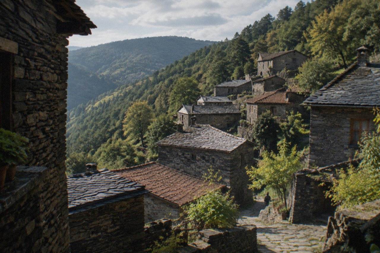 Stone schist village houses on a green mountainside above trees in central Portugal