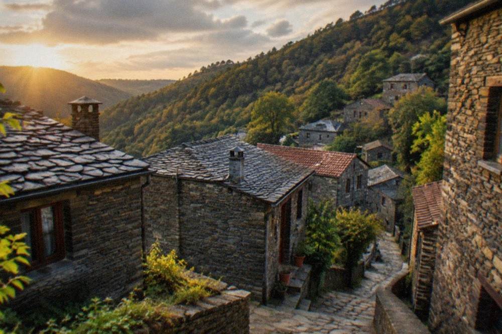 Narrow stone lane between slate houses in a restored schist village