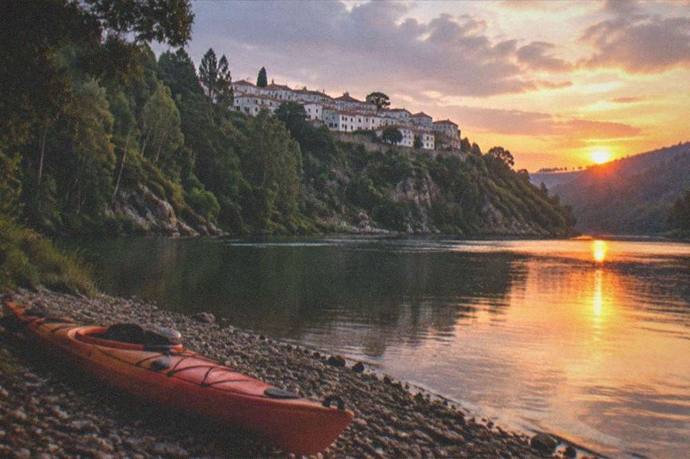 A kayak drawn up on a pebble riverbank at sunset, calm water reflecting orange sky