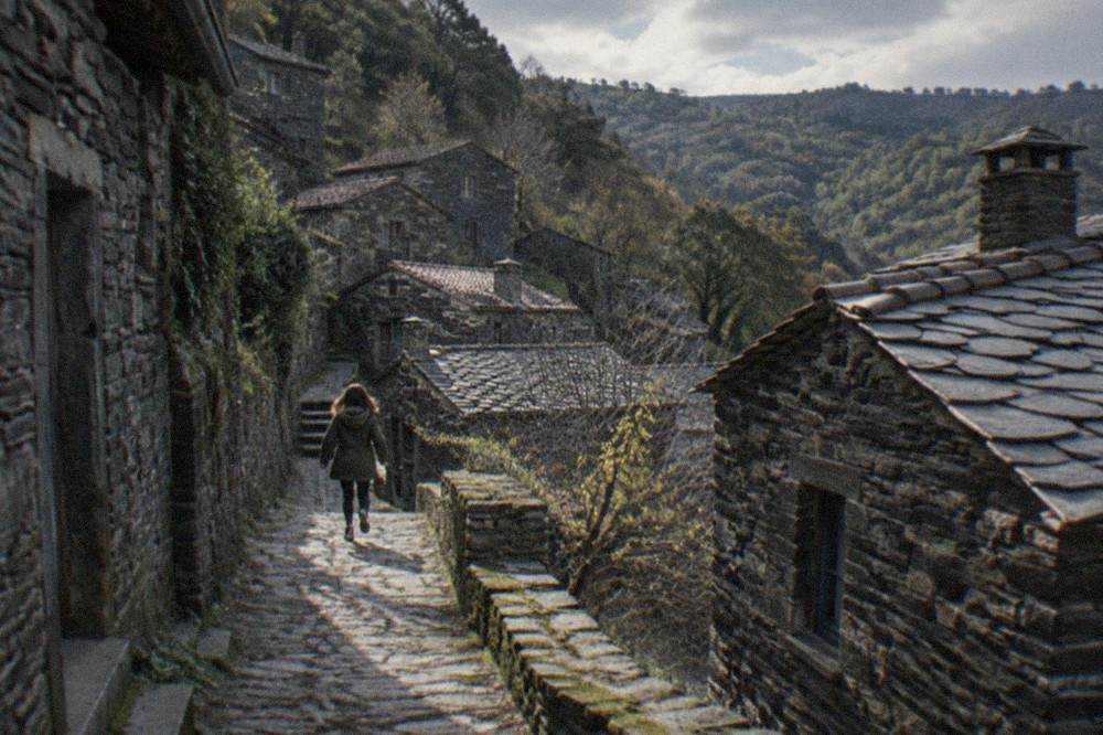Narrow stone lane between slate-walled houses in a mountain village