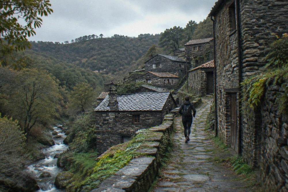Mountain stream flowing through forest near a stone village