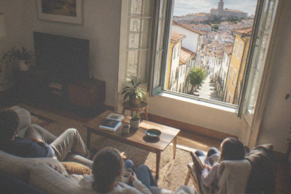 Family relaxing in a rented apartment living room in Coimbra with shutters open to a sunny street