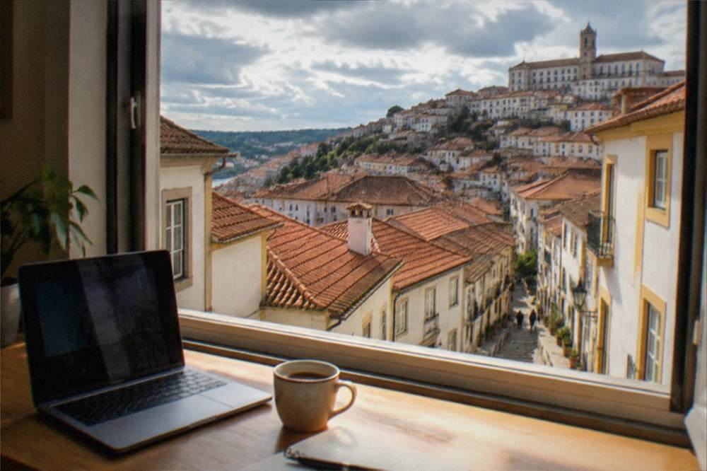Desk by a window in a longer-term Coimbra rental with a laptop and coffee, old town rooftops beyond