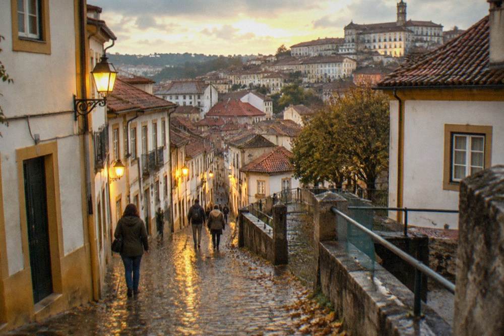 Wet cobblestone lane in the old town of Coimbra reflecting evening lights
