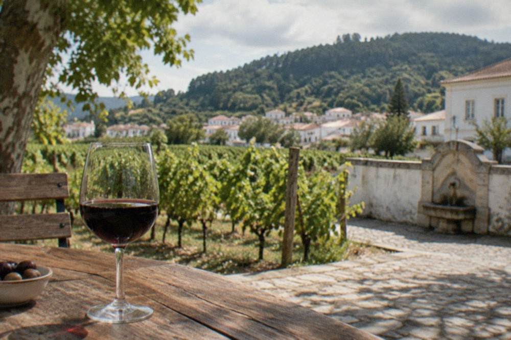 A glass of dark red Portuguese wine on a wooden table beside a vineyard