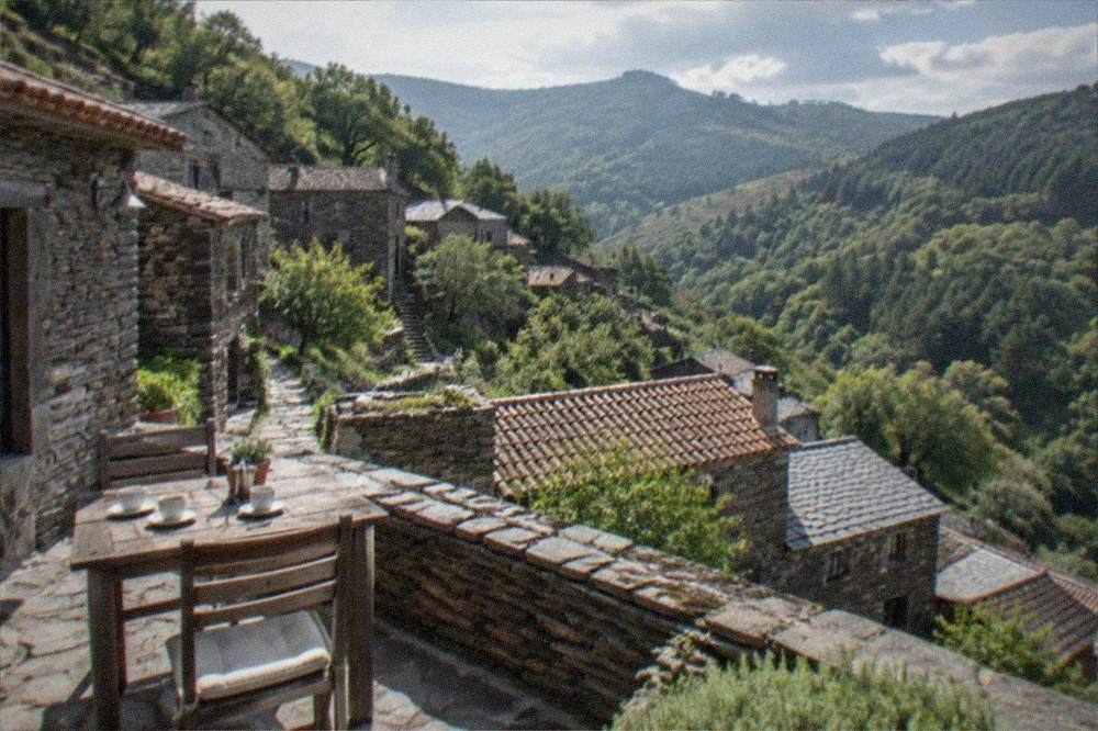 A stone schist village terrace with a simple table, coffee and a view over forested mountain slopes