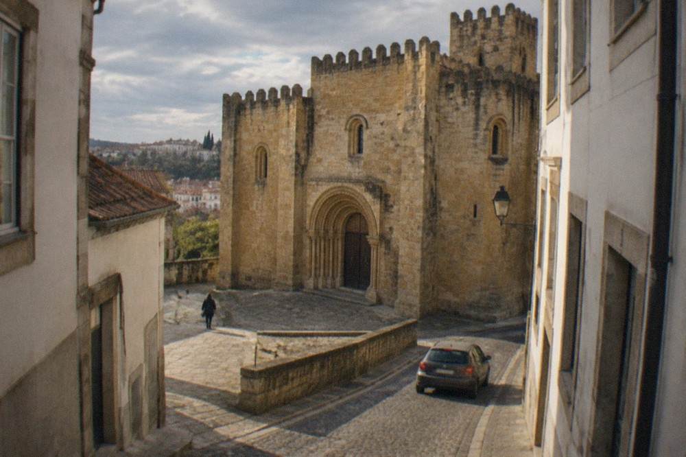 The walled old cathedral of Coimbra seen from a narrow lane with a small car passing