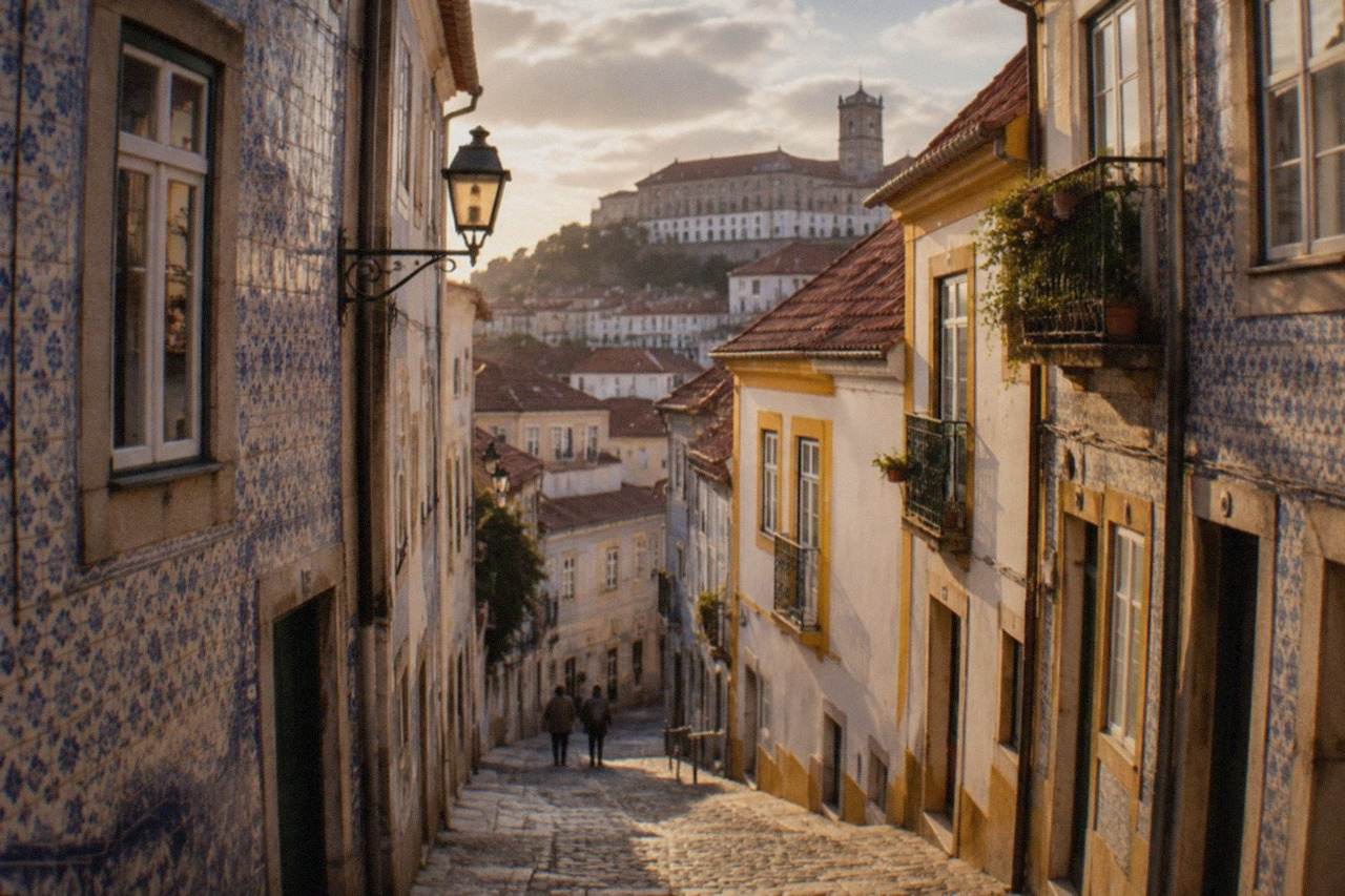 A narrow old-town street in Coimbra with tiled building facades rising on both sides