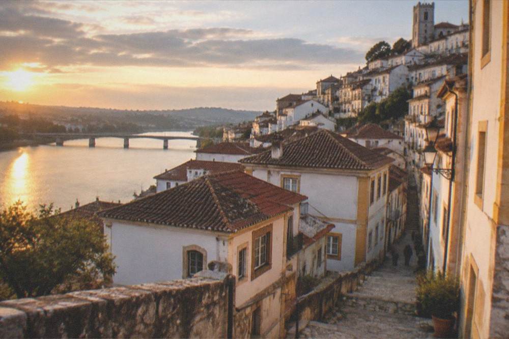 Evening light over the rooftops and river of a Portuguese university city